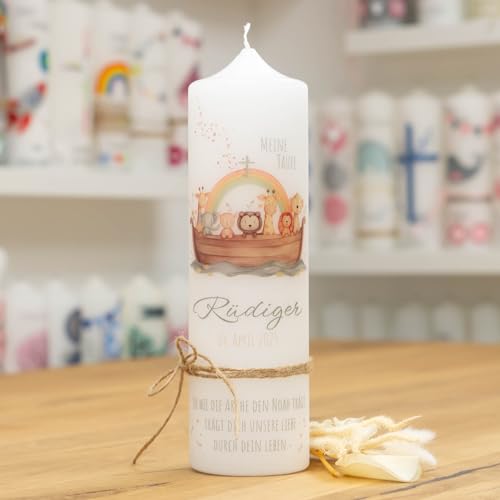 meinkerzenshop Taufkerze mit Designdruck RÜDIGER mit Arche Noah personalisiert mit Name und Datum, individuell für Junge und Mädchen von meinkerzenshop
