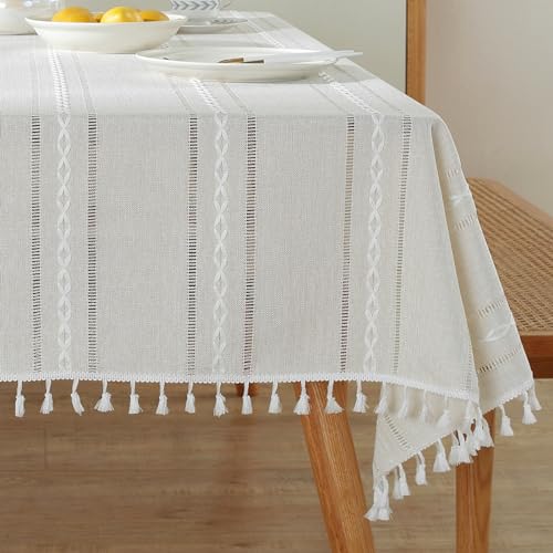 meioro Böhmische Tischdecke für Küche Dekoration, 100x160cm Makramee Tischtuch mit Quasten, Rechteckige Leinen Tischwäsche, Gestreifte Tafeldecke Mesh Tischdecken für Esstisch Tabletop(Elfenbein Weiß) von meioro