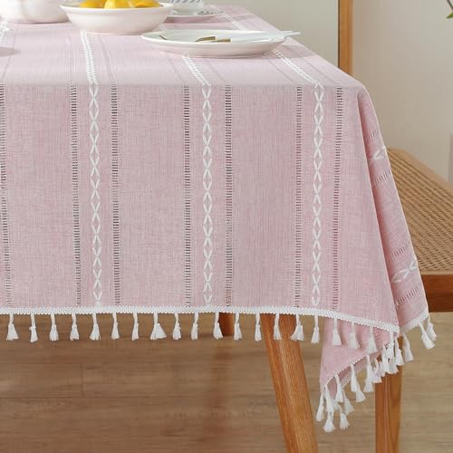 meioro Böhmische Tischdecke für Küche Dekoration, 100x160cm Makramee Tischtuch mit Quasten, Rechteckige Leinen Tischwäsche, Gestreifte Tafeldecke Mesh Tischdecken für Esstisch Tabletop Dekor (Rosa) von meioro