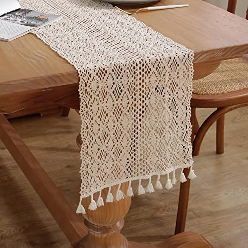 meioro Gehäkelte Tischläufer, 26x120cm Spitze Boho Tischwäsche Klassische Beige Hochzeit Tischdecke Vintage Tassel Tischdeko für Küche Essen Urlaub Party Dekoration Tablerunner von meioro