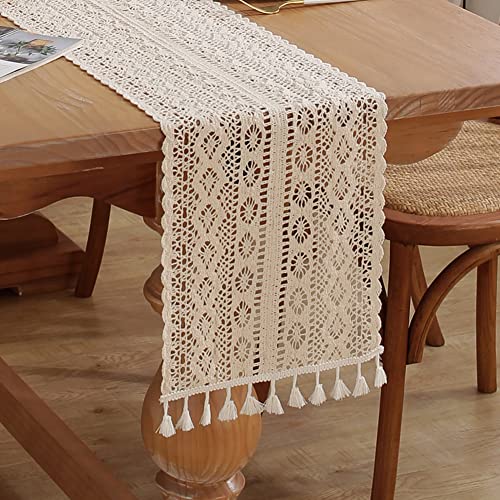 meioro Gehäkelte Tischläufer, 26x140cm Spitze Boho Tischwäsche Klassische Beige Hochzeit Tischdecke Vintage Tassel Tischdeko für Küche Essen Urlaub Party Dekoration Tablerunner(Stil-C) von meioro