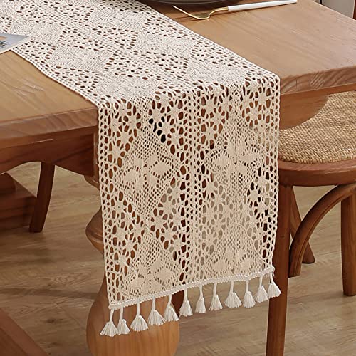 meioro Gehäkelte Tischläufer, 30x160cm Spitze Boho Tischwäsche Klassische Beige Hochzeit Tischdecke Vintage Tassel Tischdeko für Küche Essen Urlaub Party Dekoration Tablerunner von meioro