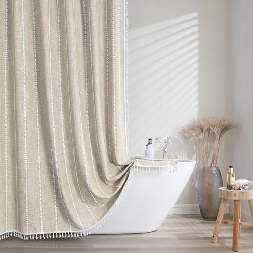 meioro Gestreifter Duschvorhang Boho Bauernhaus Duschvorhänge, Leinen gewebter Stoff Textil Duschvorhang Set mit 12-Haken, Wasserdicht Rustikale Böhmische Duschvorhange für Badezimmer(Beige,183x213cm) von meioro