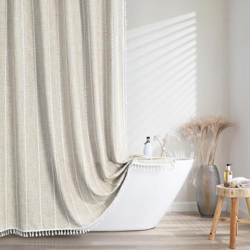 meioro Gestreifter Duschvorhang Boho Bauernhaus Duschvorhänge, Leinen gewebter Stoff Textil Duschvorhang Set mit 12-Haken, Wasserdicht Rustikale Böhmische Duschvorhange für Badezimmer(Beige,183x244cm) von meioro