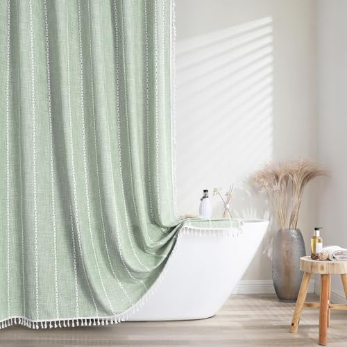 meioro Gestreifter Duschvorhang Boho Bauernhaus Duschvorhänge, Leinen gewebter Stoff Textil Duschvorhang Set mit 12-Haken, Wasserdicht Rustikale Böhmische Duschvorhange für Badezimmer(Grün,183x213cm) meioro Gestreifter Duschvorhang Boho Bauernhaus Duschvorhänge, Leinen gewebter Stoff Textil Duschvorhang Set mit 12-Haken, Wasserdicht Rustikale Böhmische Duschvorhange für Badezimmer(Grün,183x213cm) von meioro
