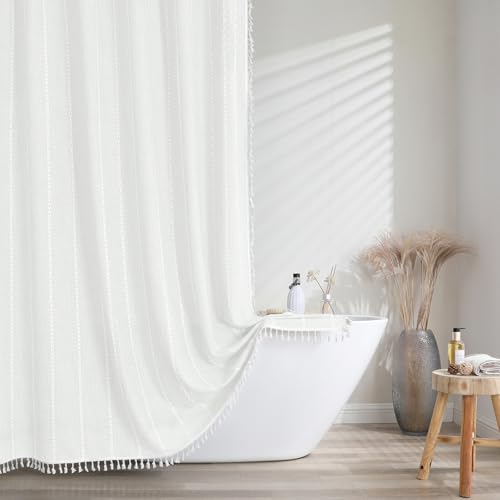 meioro Gestreifter Duschvorhang Boho Bauernhaus Duschvorhänge, Leinen gewebter Stoff Textil Duschvorhang Set mit 12-Haken, Wasserdicht Rustikale Böhmische Duschvorhange für Badezimmer(Weiß,183x244cm) meioro Gestreifter Duschvorhang Boho Bauernhaus Duschvorhänge, Leinen gewebter Stoff Textil Duschvorhang Set mit 12-Haken, Wasserdicht Rustikale Böhmische Duschvorhange für Badezimmer(Weiß,183x244cm) von meioro
