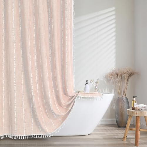 meioro Gestreifter Duschvorhang Boho Bauernhaus Duschvorhänge, Leinen gewebter Stoff Textil Duschvorhang Set mit 12-Haken, Wasserdicht Rustikale Böhmische Duschvorhange für Badezimmer(Creme,183x244cm) meioro Gestreifter Duschvorhang Boho Bauernhaus Duschvorhänge, Leinen gewebter Stoff Textil Duschvorhang Set mit 12-Haken, Wasserdicht Rustikale Böhmische Duschvorhange für Badezimmer(Creme,183x244cm) von meioro