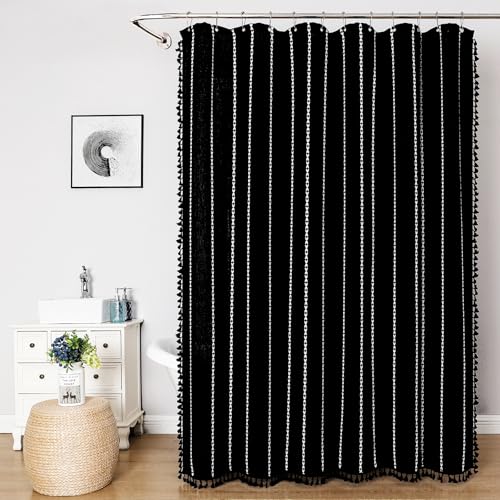 meioro Gestreifter Duschvorhang Boho Bauernhaus Duschvorhänge, Leinen gewebter Stoff Textil Duschvorhang Set mit 12-Haken, Wasserdicht Rustikale Duschvorhange für Badezimmer(Schwarz,183x198cm) von meioro