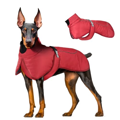 meioro Hund Wintermäntel wasserdichte Warme Hundejacke Winddichte Reflektierende Haustierjacke, Hunde Winterjacken Kaltwettermantel für Medium Große Haustiere Weste Geschirr Hundekleidung XXL, Rot von meioro