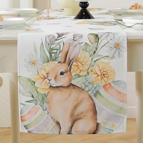 meioro Ostern Kaninchen Eier Tischläufer, 30x140cm Frühlingsferien Tischwäsche, Mode Blume Hase Tischdecke, Osterei Tischdeko für Drinnen und Draußen Küche Esszimmer Hausparty Tisch Dekoration Stil-B von meioro