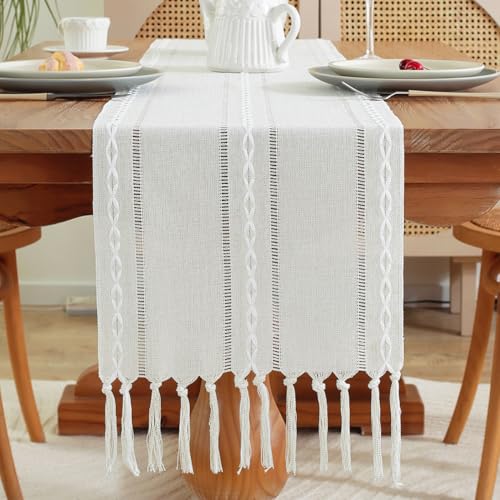 meioro Rustikaler Tischläufer mit Quasten, 33x240cm Landhausstil Boho Table Runner Geflochten Gestreift, Leinen Polyester Tisch Dekoration für Essen Party Urlaub und Hochzeit (Weiß) von meioro