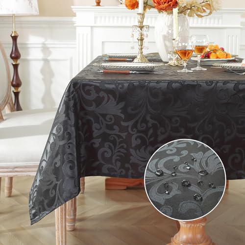 meioro Tischdecke Abwaschbar, Rechteckig Damast Tischdecken Wasserdicht Polyester Stoff Tischtuch, Große Küche abwischbar Tischwäsche mit Floral Mustern für Esszimmer Hochzeiten (Schwarz,130x180cm) von meioro