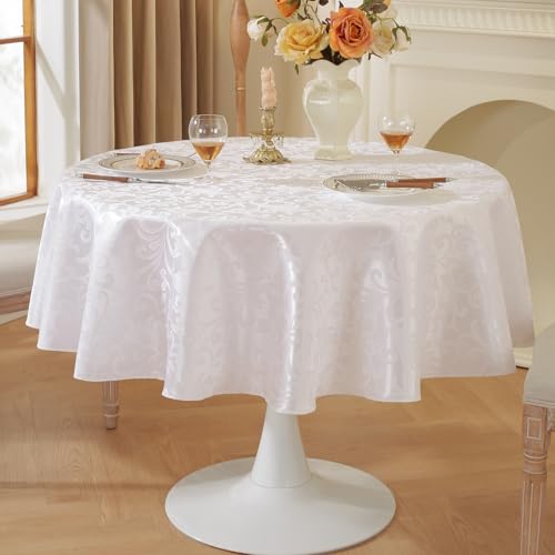 meioro Tischdecke Abwaschbar, Rund Damast Tischdecken Wasserdicht Polyester Stoff Tischtuch, Große Küche abwischbar Tischwäsche mit Floral Mustern für Camping, Esszimmer, Hochzeiten (Weiße,Rund 150cm) von meioro