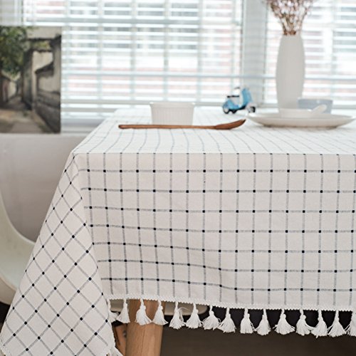 meioro Tischdecke Tischtuch Stoff Karierte Tischdecken im mediterranen Stil Frische und kunstvolle Tischwäsche aus Baumwolle und Quasten Rechteckige Couchtisch Tischdecken(130 x 180 cm) von meioro