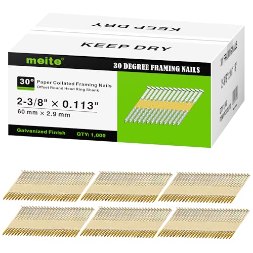 meite 30-Grad-Rahmennägel, 6,5 x 0,3 cm, Ringschaft, galvanisch verzinkt, Papierband, versetzter runder Kopf, Rahmennägel für 30–34 Grad Rahmennagler (1.000 Stück) von meite