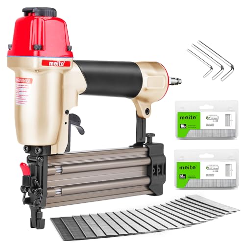 meite F50C Druckluft-Stauchkopfnagler mit 2000 Nägeln (je 1000 Stück 32 mm & 50 mm) – 18 Gauge Nagelpistole für Feinarbeiten, Leisten, Möbelbau und Holzprojekte – Verarbeitet Nägel von 15 bis 50 mm von meite