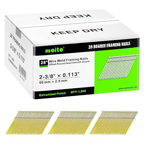 meite Rahmennägel, 28 Grad, 6,5 cm, Drahtschweißung, versetzter runder Kopf, glatter Schaft, Rahmennägel für 28°-Rahmennagler, 1.000 Stück, verzinkte Oberfläche von meite