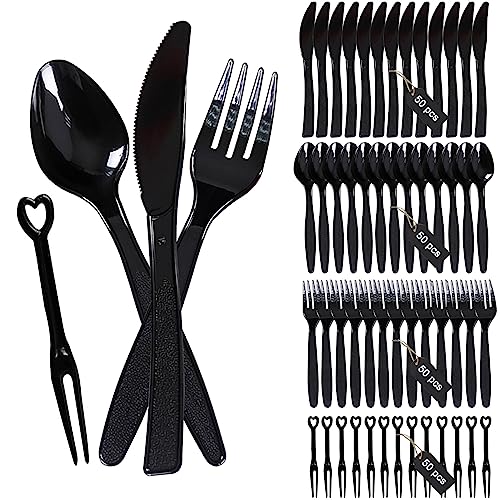 200pcs Wiederverwendbar Plastikbesteck Set Enthalten 50 Plastikgabeln 50 Plastik Messer 50 Plastiklöffel 50 Obstgabel Schwarz Party Besteck Plastik für Familienfeiern Outdoor Dinner Mehrweg von mellystore