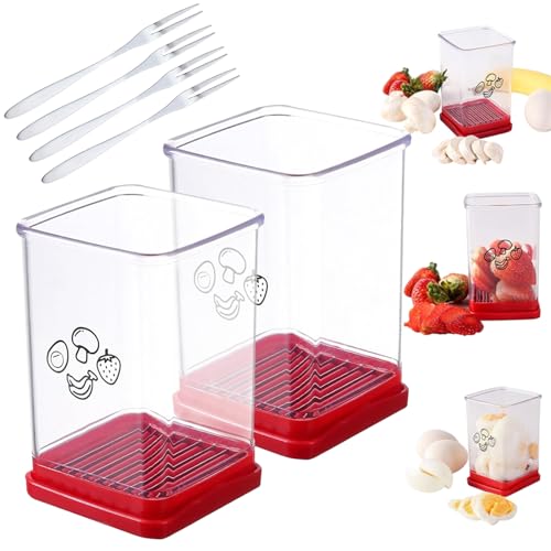 Obstschneider 2 Stück Cup Slicer mit 4 Obstgabeln, Fruit Slicer Cup, Obst Schneider, Strawberry Cup Slicer, Schnellschneider mit Druckplatte für Erdbeeren, Bananen, Eier, Butter, Käse von mellystore