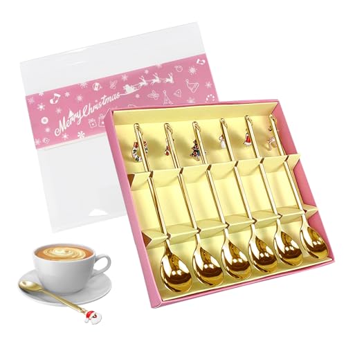 Weihnachtslöffel Set 6PCS Weihnachts Kaffee Löffel Weihnachten Löffel Set Weihnachten Edelstahl Dessert Teelöffel mit Weihnachtsanhänger für Teesuppe Geschenke Weihnachtsfeierzubehör(Gold) von mellystore