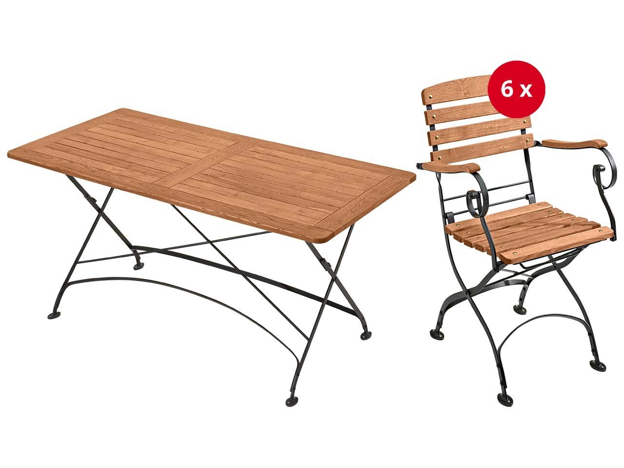memo Garten-Essgruppe Maja, (Spar-Set, 7-tlg., Tisch (160 x 80 cm), 6 Stühle mit Armlehnen), Made in Europe von memo