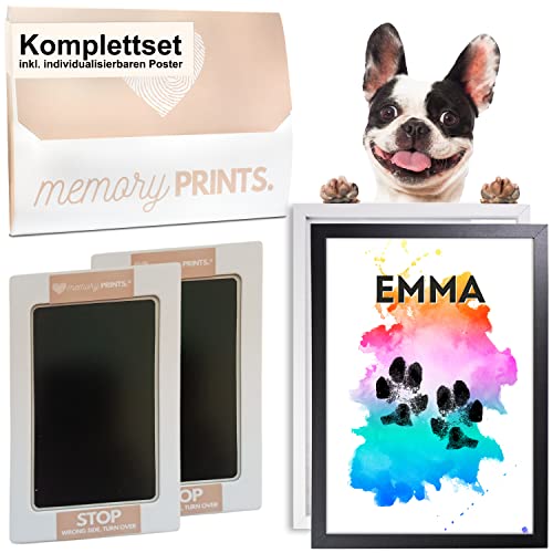 memoryPRINTS.® Pfotenabdruck Set Hund & Katze + Kunstdruck Poster personalisiert | Tintenfreie Hundepfoten & Katzen Pfoten | Geschenk Hundebesitzer (DIN A4, Watercolor) von memoryPRINTS