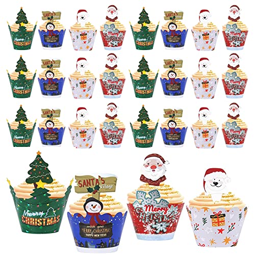 Mengger 48 Stück Weihnachten Cupcake Toppers+48Pcs Cupcake Wrappers Kuchen Dessert Dekoration Verpackung Papier Muffinförmchen Formen Muffinform Backförmchen für Kinder Deko Jungen Mädchen (A) von mengger