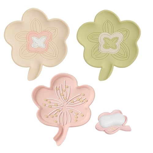 Seifenschale Mit Ablauf,Mengger 3 Stück Seifenschale Silikon Blumen,Kreativ Seifendose,Seifenablage Selbstentleerender,Verzierungen Seifenhalter,Geeignet für Bäder Küchen(Beige Rosa Grün) von mengger