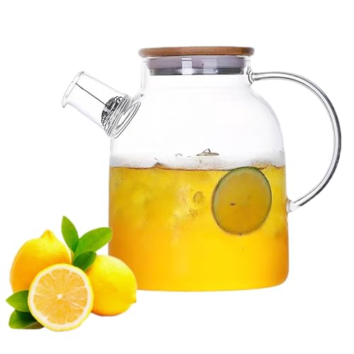 Teekanne,Mengger Teekanne Glas 1800ML,Glaskaraffe Mit Deckel,Teapot Glaskanne Transparente,Auslaufsicherer Ausguss,Wasserkaraffe Geeignet für Tee Blumentee Früchtetee Kalte und Heiße Getränke von mengger