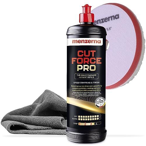 Menzerna Cut Force Pro Auto Politur Set 1000ml 3in1 |All in One Autopolitur zum Kratzer entfernen |Profi One Step Polierpaste Schleifpaste |alle Lackarten + Orbital Wool Polierpad + Poliertuch 380GSM von menzerna