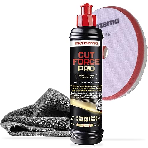 Menzerna Cut Force Pro Auto Politur Set 250ml 3in1 |All in One Autopolitur zum Kratzer entfernen |Profi One Step Polierpaste Schleifpaste |alle Lackarten + Orbital Wool Polierpad + Poliertuch 380GSM von menzerna