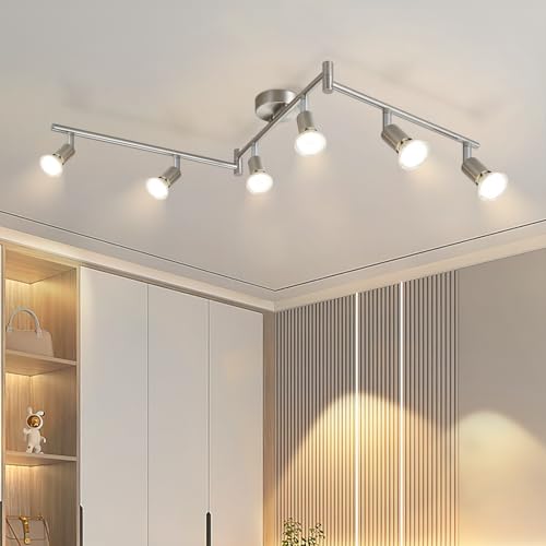 meoaow Deckenstrahler 6 Flammig Silber - LED Deckenlampe GU10 Modern Küchenlampe 350° Schwenkbar Strahler Spots Innen Deckenspot Flurlampe für Küchen Schlafzimmer Wohnzimmer - Ohne Leuchtmittel von meoaow