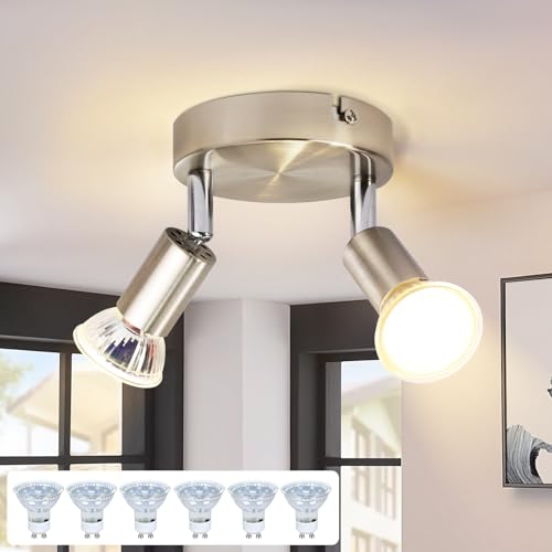 meoaow Deckenstrahler LED Küchenlampe GU10 mit 6 × GU10 Glühbirne - Deckenlampe 2 Flammig Rund Schlafzimmerlampe Modern Flurlampe 350° Deckenleuchte Spots für Küchen Flur Schlafzimmer Wohnzimmer von meoaow