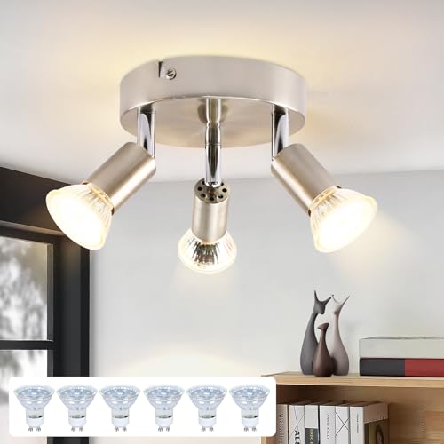 meoaow Deckenstrahler LED Küchenlampe GU10 mit 6 × GU10 Glühbirne - Deckenlampe 3 Flammig Rund Schlafzimmerlampe Modern Flurlampe 350° Deckenleuchte Spots für Küchen Flur Schlafzimmer Wohnzimmer von meoaow