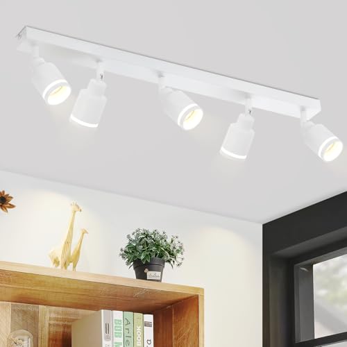 meoaow Deckenstrahler Modern Deckenleuchte 5 Flammig: Schwenkbar Deckenspots GU10 Deckenlampe Strahler Küchenlampe Metall Flurlampe in Weiß für Flur Büro Wohnzimmer Schlafzimmer, Ohne Leuchtmittel von meoaow