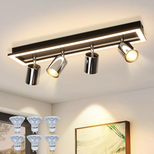 meoaow LED Deckenstrahler 4 Flammig Deckenleuchte: 15W+6x5W GU10 Deckenspots Schwenkbar Küchenlampe Silber Strahler Warmweiß 3000K Deckenlampe 52CM für Büro Wohnzimmer Schlafzimmer Esszimmer von meoaow