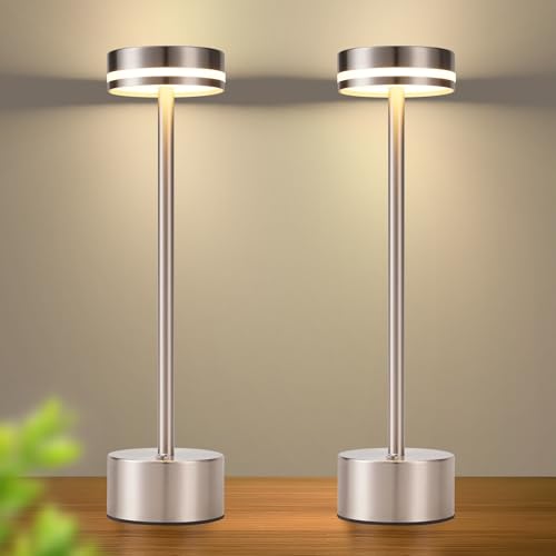 meoaow Tischlampe Akku LED Tischleuchte Kabellos - Nachttischlampe Dimmbare mit USB-C Aufladbar Batterie Touch Lampe Gold Tischlampen für Schlafzimmer Esszimmer Büro (Silber, 2ER) von meoaow