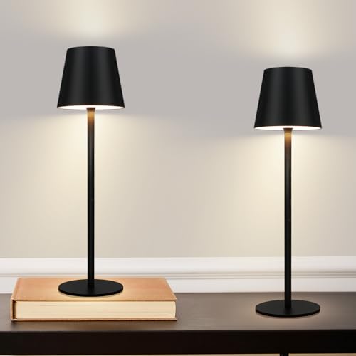 meoaow Tischlampe Akku Nachttischlampe Kabellos - Led Outdoor Tischleuchte 2600mhA Aussentischleuchte 2er set Aufladbar Touch Dimmbar Schwarz Akkulampe Batterie Nachttischleuchte USB Tisch für Garten von meoaow