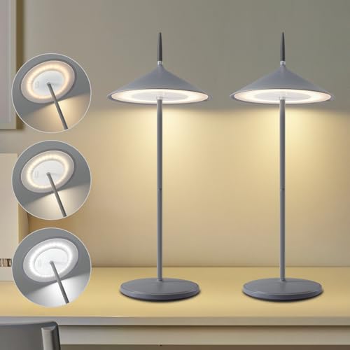 meoaow Tischlampe Kabellos Nachttischlampe Akku - 2er Set Led Tischleuchte 1800mhA Aufladbar Touch Dimmbar Modern Grau Aussentischleuchte IP44 Wasserdichte USB für Balkon Garten Esstisch Camping von meoaow
