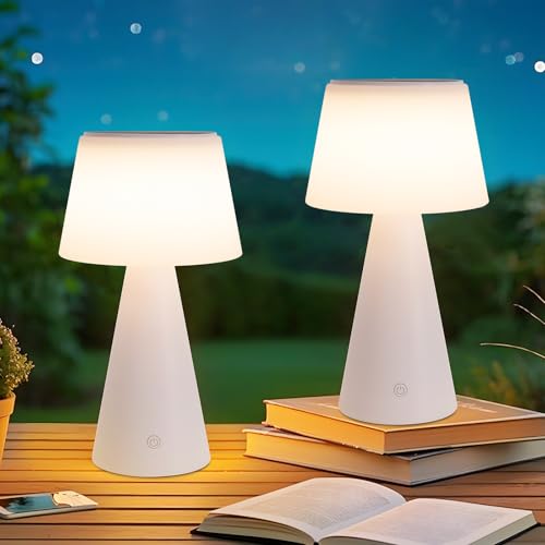 meoaow Tischlampe Solar Akku Nachttischlampe - Kabellos Led Tischleuchte 2er Set 3600mhA Aufladbar Touch Dimmbar Weiß IP44 Batterie Lampe mit USB für Modern Wohnzimmer Schlafzimmer und Outdoor von meoaow