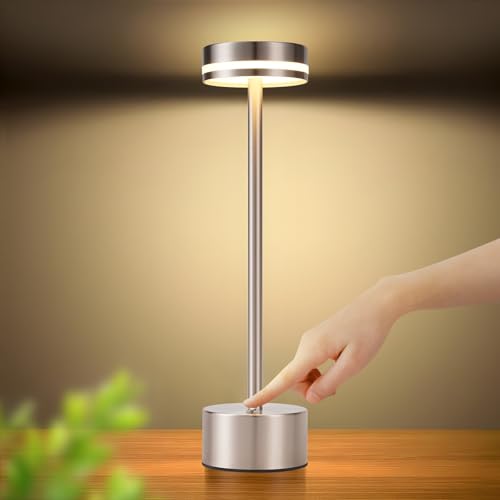 meoaow Tischleuchte Akku LED Tischlampe Kabellos - Nachttischlampe Dimmbare 3000K-6500K mit USB-C Touch Lampe Silber Tischlampen für Schlafzimmer Esszimmer Büro von meoaow