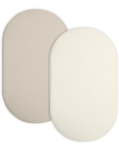 Stubenwagen-Bettlaken für Baby Jungen und Mädchen, 2er-Pack, Spannbettlaken für rechteckige, ovale Sanduhr-Stubenwagenmatratze, Musselin-Moseskörbchen-Bettlaken mit neutralem Stil (beige und von meowcards