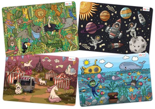 merka Kinder-Tischsets, pädagogisches Tischset, rutschfest, Designer-Set, Ozean, Weltraum, Dschungel, Einhörner, Lern-Tischset für den ESS- und Küchentisch (Space, Beach, Jungle, 17 x 11) von merka