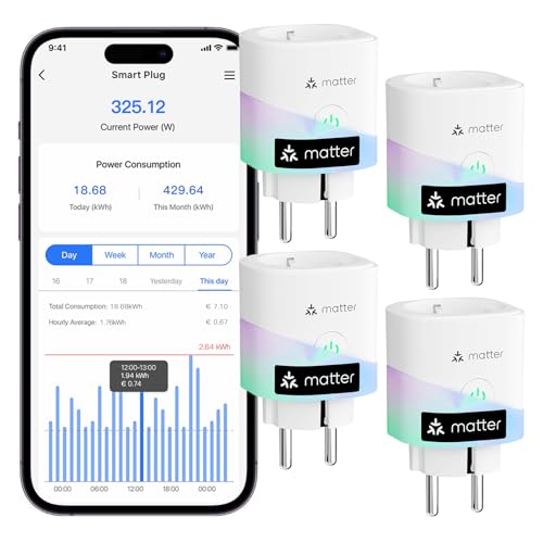 Meross_Smart Matter WLAN Steckdose mit Strommessung, Smart Home Steckdose mit Stromzähler, funktioniert Apple HomeKit, Alexa und Google, Sprach- und Fernsteuerung, 16A, 4er von meross_smart