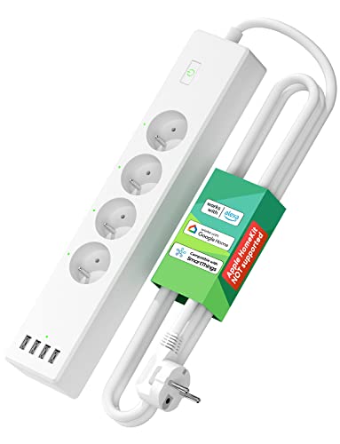 Intelligente Steckdosenleiste (Typ E), 16 A, WLAN-Steckdose, kompatibel mit Alexa, Google Home und SmartThings, programmierbare Mehrfachsteckdose (4 AC-Steckdosen und 4 USB-Ports) mit Zeitfunktion und von meross