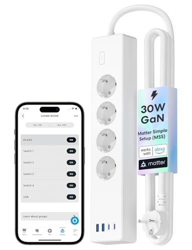Meross Matter Steckdosenleiste GaN USB C Ladegerät 30W, Smart Mehrfachsteckdose WLAN Schnellladegerät funktioniert mit Alexa, Apple HomeKit und Google, 16A, FFS Ver. von meross