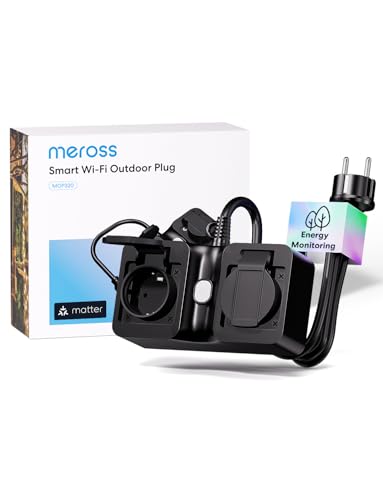 Meross Matter WLAN Steckdose Outdoor mit Strommessung, Smart Steckdose Stromzähler für Balkonkraftwerk Außensteckdose Wasserdicht IP44, funktioniert mit HomeKit, Alexa und Google, 16A 1,5m von meross