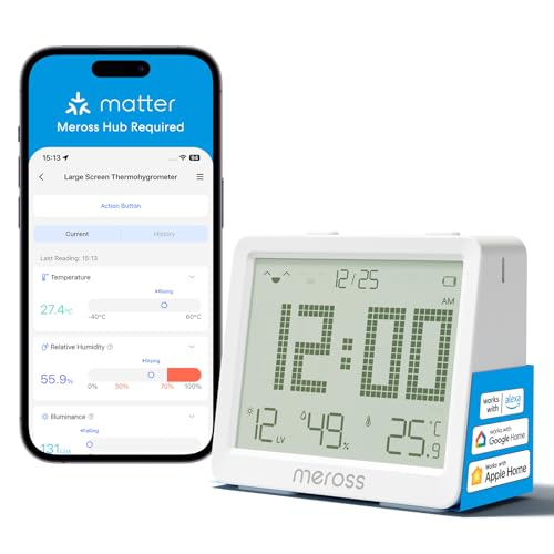Meross Smart Hygrometer Thermometer Innen, WLAN Wetterstation Ausgestattet mit Benachrichtigung, Smart LCD Temperatursensor Kompatibel mit Apple HomeKit, Alexa, Google Home (Erfordert Meross Hub) von meross
