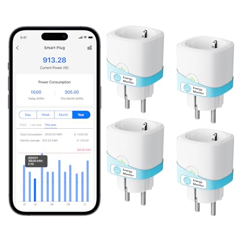 Meross Smart WLAN Steckdose mit Strommessung 16A, Zeitschaltuhr Steckdose mit Sprachsteuerung, Fernzugriff, Smart Home WiFi Steckdose kompatibel mit Alexa, Google Home, SmartThings, 4er von meross
