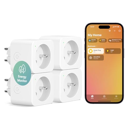 Meross Steckdose (Typ E), 16A WiFi-Steckdose Kompatibel mit HomeKit, Alexa und Google Home, 4er-Set Steckdose mit Stromverbrauchsmessung, Sprachsteuerung und Fernbedienung von meross